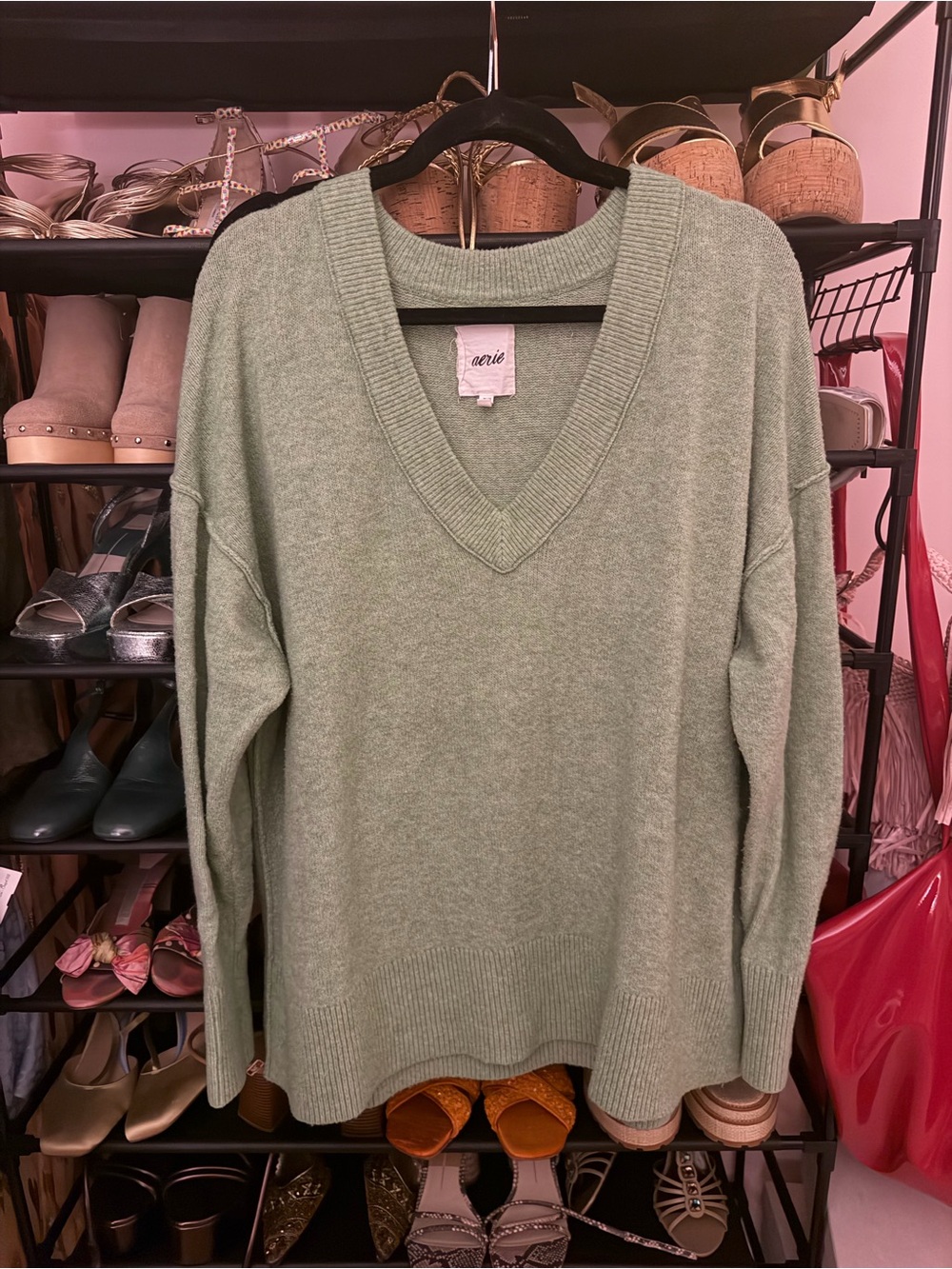 aerie V-Neck Sweater in Sage Green
